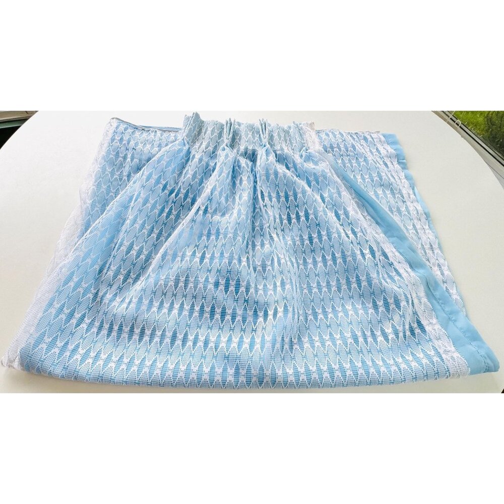 Vintage 70s pleated curtain, white groovy mesh over powder blue solid liner